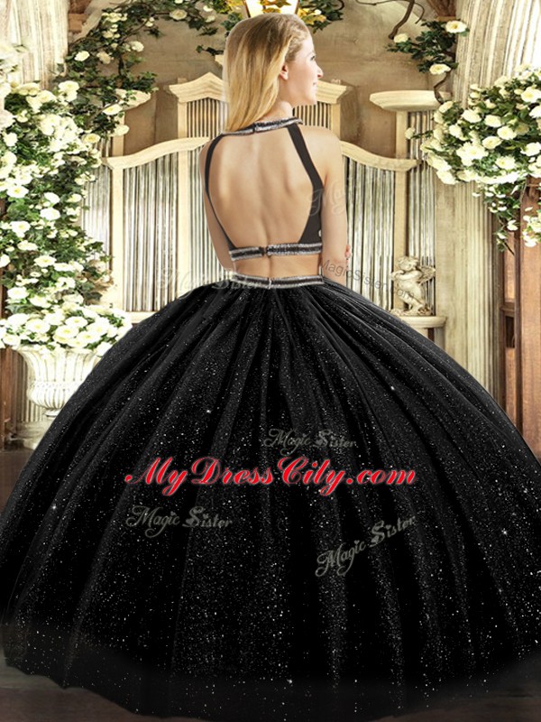 Black Halter Top Neckline Ruching Quince Ball Gowns Sleeveless Backless