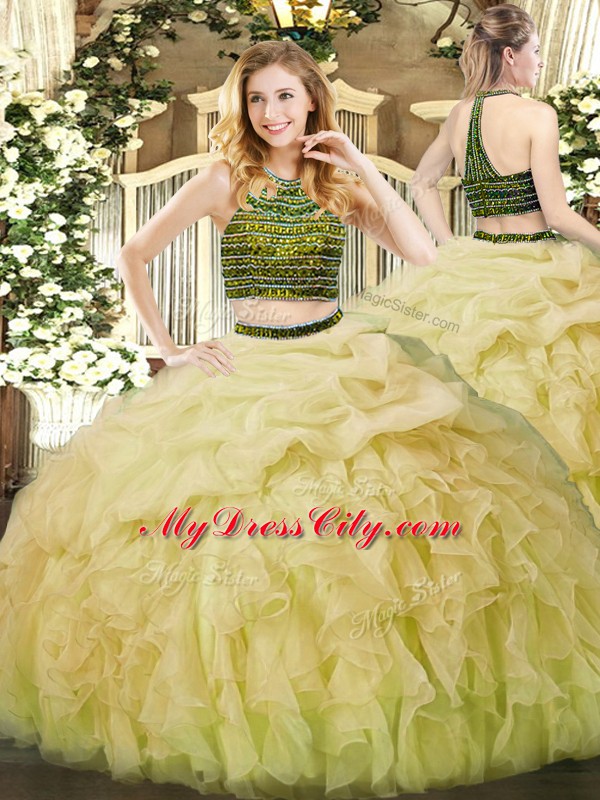 Classical Yellow Green Zipper Halter Top Beading and Ruffles 15 Quinceanera Dress Organza Sleeveless