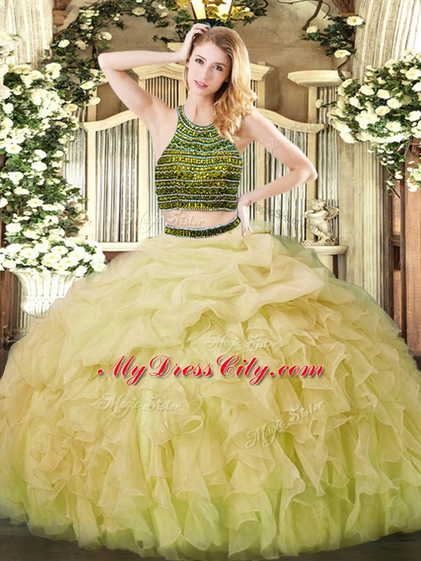 Classical Yellow Green Zipper Halter Top Beading and Ruffles 15 Quinceanera Dress Organza Sleeveless