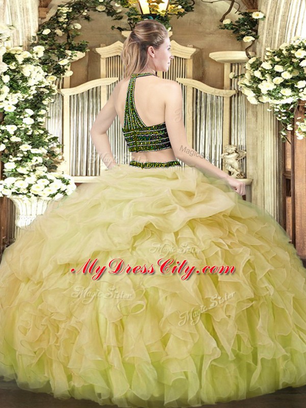 Classical Yellow Green Zipper Halter Top Beading and Ruffles 15 Quinceanera Dress Organza Sleeveless