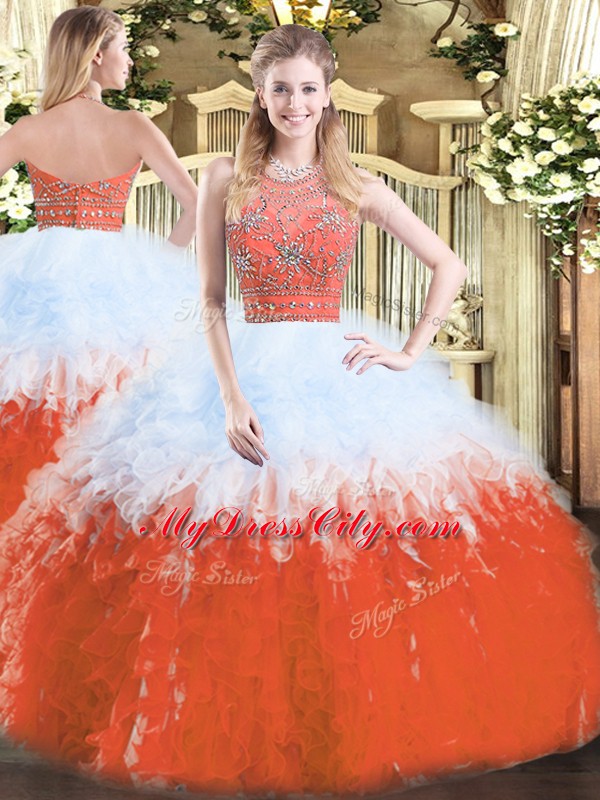 Eye-catching Floor Length Multi-color Vestidos de Quinceanera Tulle Sleeveless Beading and Ruffles