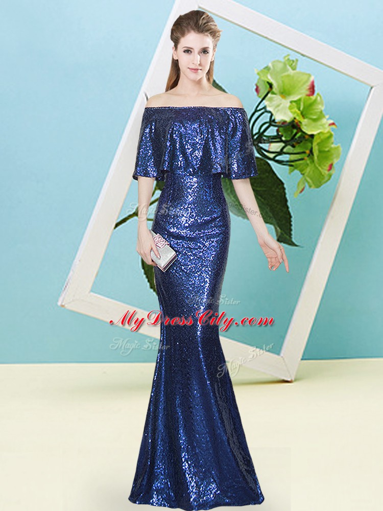 New Arrival Royal Blue Half Sleeves Sequined Zipper for Prom and Party