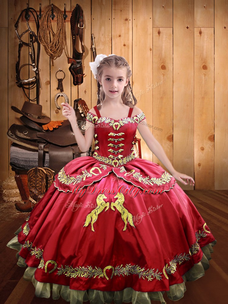 Custom Designed Off The Shoulder Sleeveless Organza and Taffeta Little Girls Pageant Gowns Embroidery Lace Up