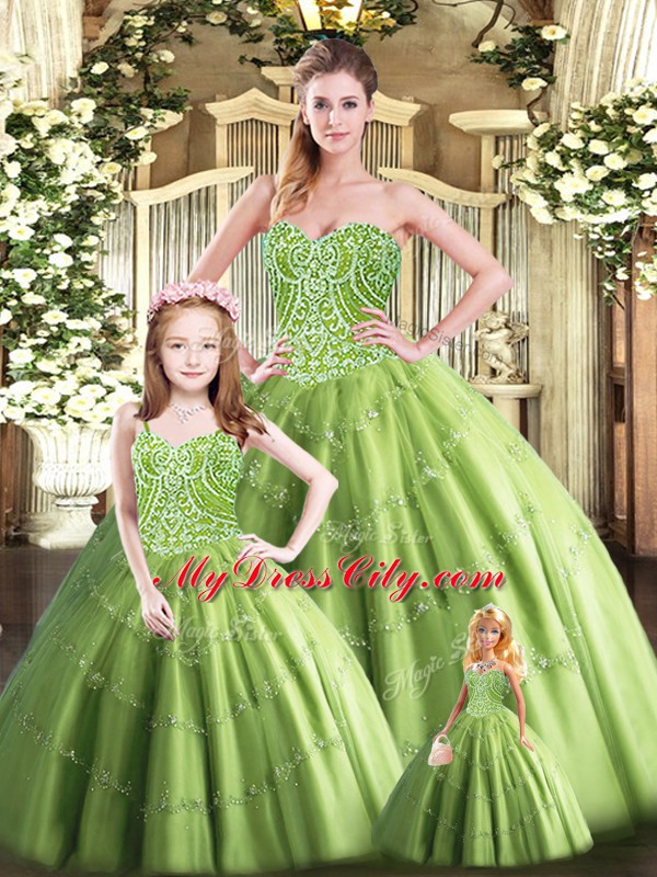 Custom Designed Olive Green Ball Gowns Sweetheart Sleeveless Tulle Floor Length Lace Up Beading Quinceanera Dress