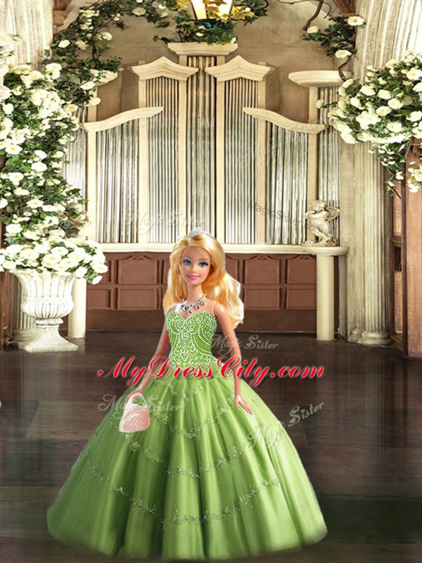 Custom Designed Olive Green Ball Gowns Sweetheart Sleeveless Tulle Floor Length Lace Up Beading Quinceanera Dress