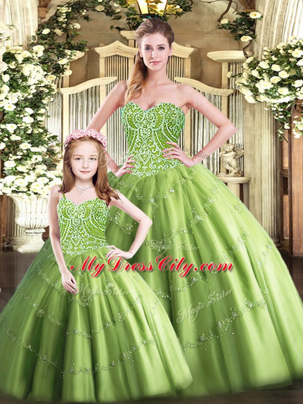 Custom Designed Olive Green Ball Gowns Sweetheart Sleeveless Tulle Floor Length Lace Up Beading Quinceanera Dress