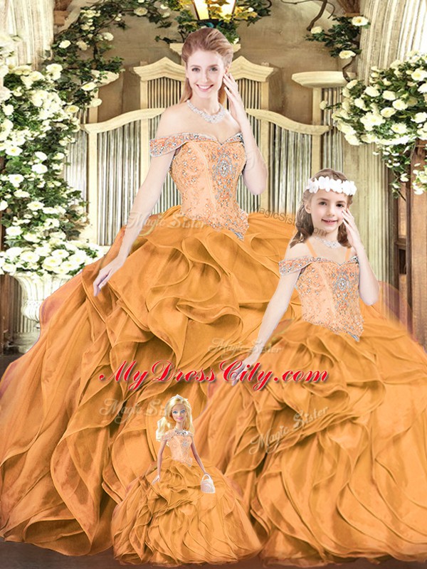 Orange Red Quinceanera Gowns Military Ball and Sweet 16 and Quinceanera with Beading and Ruffles Off The Shoulder Sleeveless Lace Up