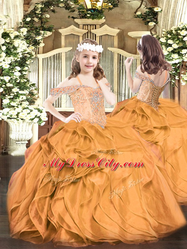 Orange Red Quinceanera Gowns Military Ball and Sweet 16 and Quinceanera with Beading and Ruffles Off The Shoulder Sleeveless Lace Up