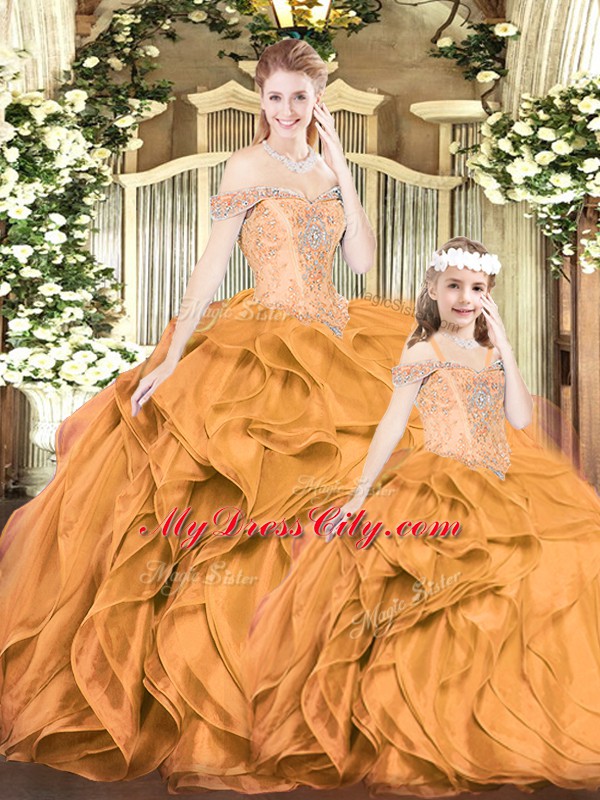 Orange Red Quinceanera Gowns Military Ball and Sweet 16 and Quinceanera with Beading and Ruffles Off The Shoulder Sleeveless Lace Up