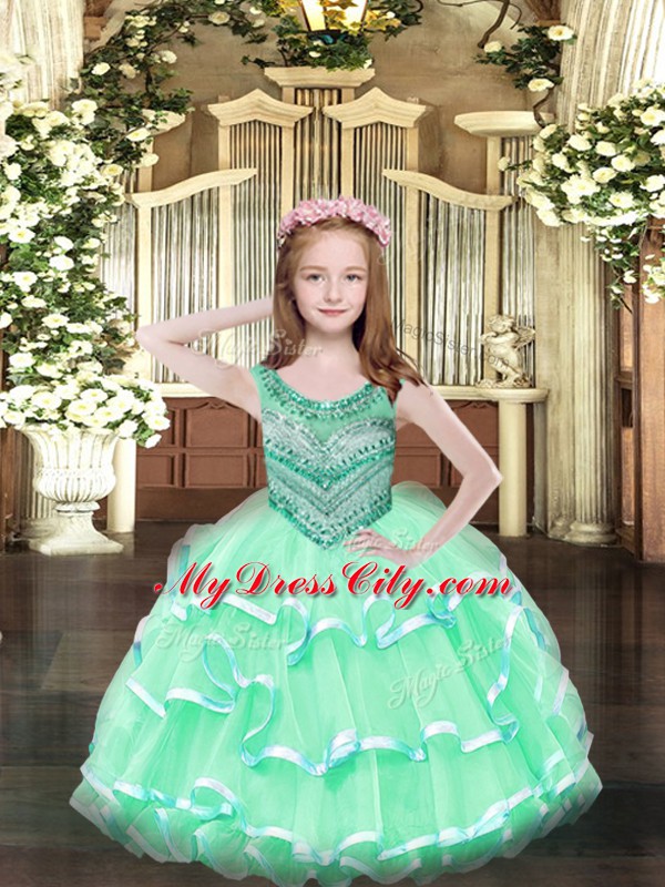 Scoop Sleeveless Lace Up Child Pageant Dress Apple Green Organza