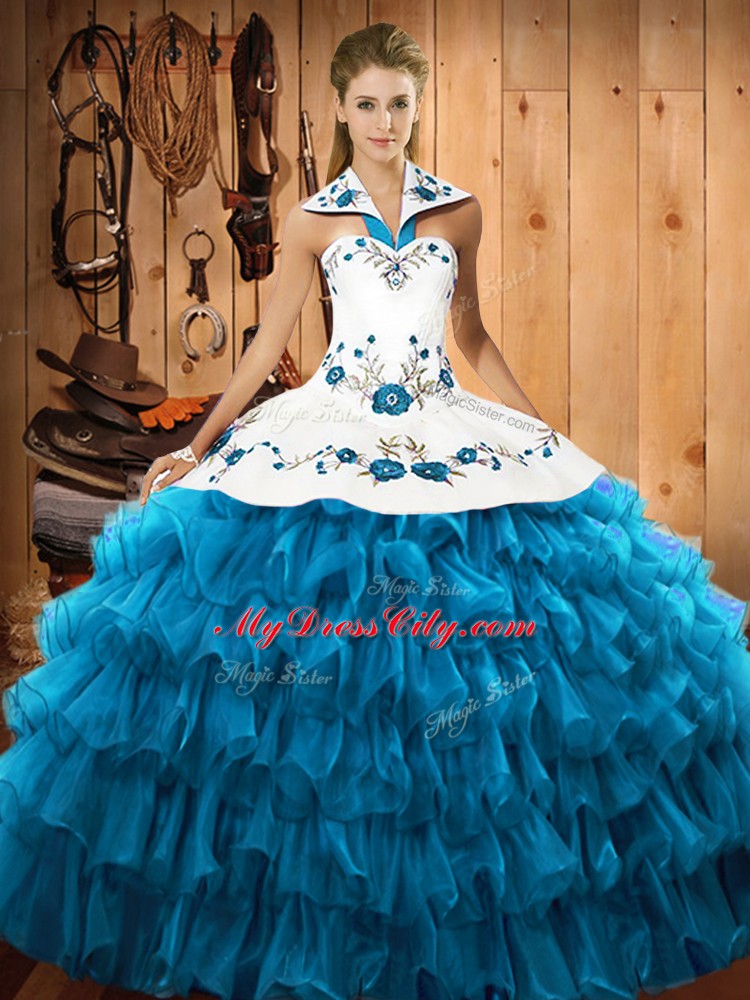 Fashionable Sleeveless Embroidery and Ruffled Layers Lace Up Sweet 16 Dresses