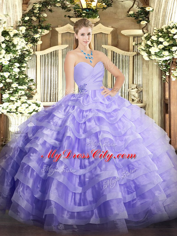 Clearance Lavender Quince Ball Gowns Military Ball and Sweet 16 and Quinceanera with Beading and Ruffled Layers Sweetheart Sleeveless Lace Up