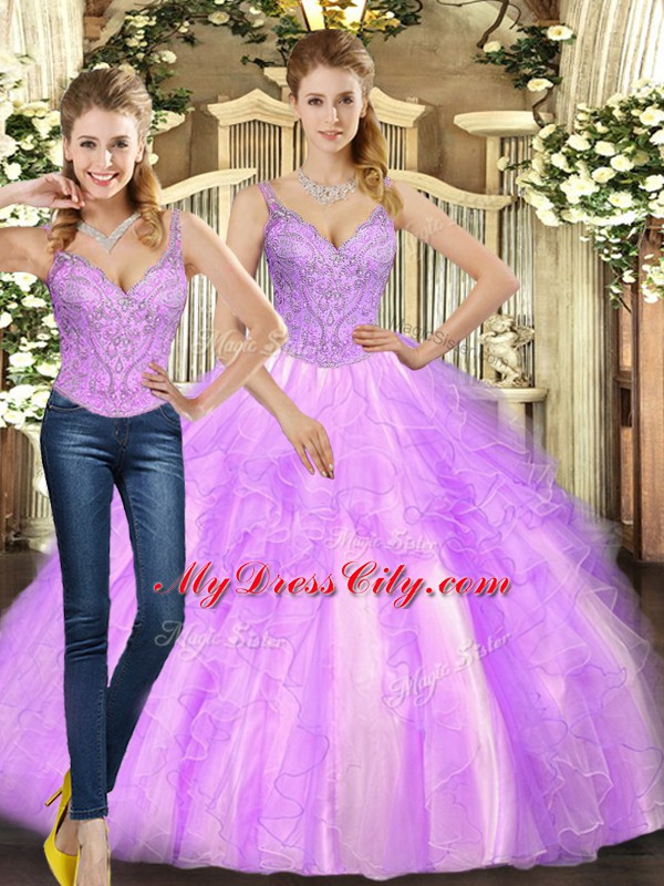 Fashionable Lilac Two Pieces Beading and Ruffles Sweet 16 Dress Lace Up Organza Sleeveless Floor Length