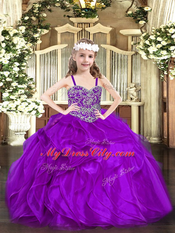 Lovely Purple Ball Gowns Organza Straps Sleeveless Beading and Ruffles Floor Length Lace Up Kids Formal Wear