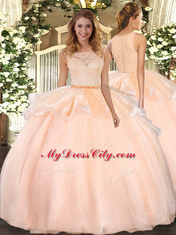 Fine Peach Vestidos de Quinceanera Military Ball and Sweet 16 and Quinceanera with Lace Scoop Sleeveless Clasp Handle