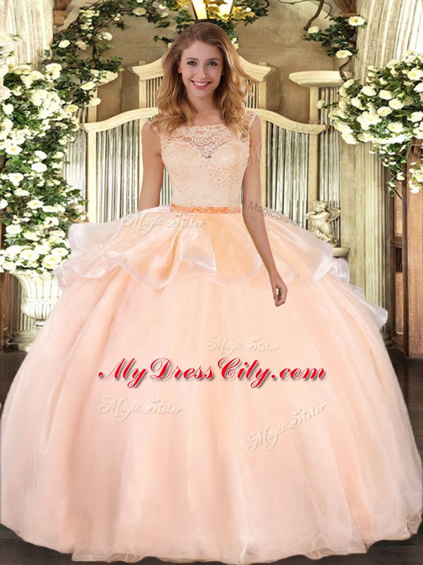 Fine Peach Vestidos de Quinceanera Military Ball and Sweet 16 and Quinceanera with Lace Scoop Sleeveless Clasp Handle