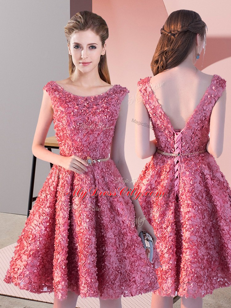 Stunning A-line Prom Dresses Coral Red Scoop Lace Sleeveless Knee Length Lace Up