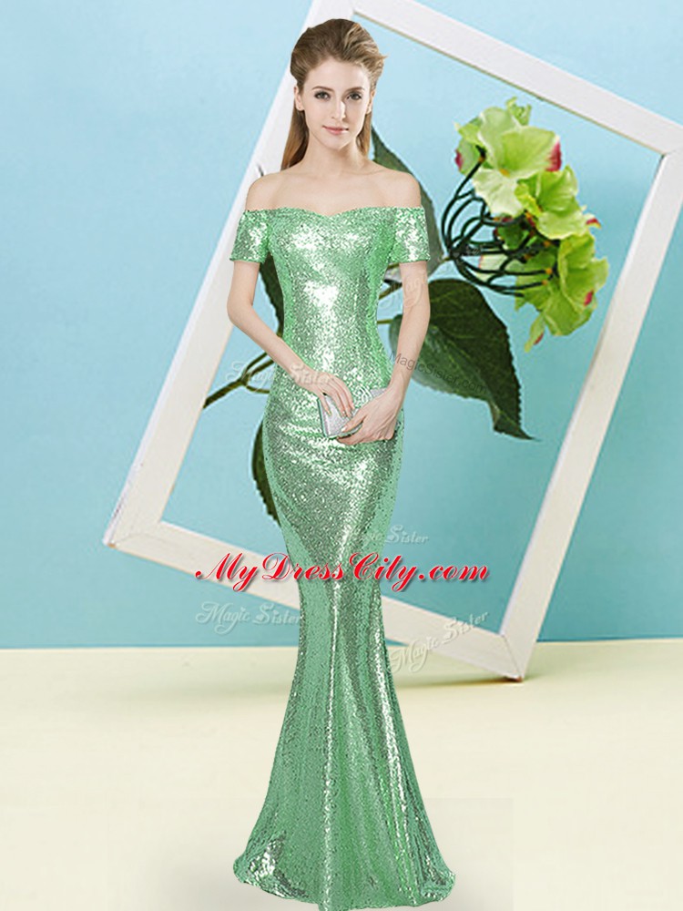 Turquoise Homecoming Dress Prom and Party with Sequins Off The Shoulder Short Sleeves Zipper