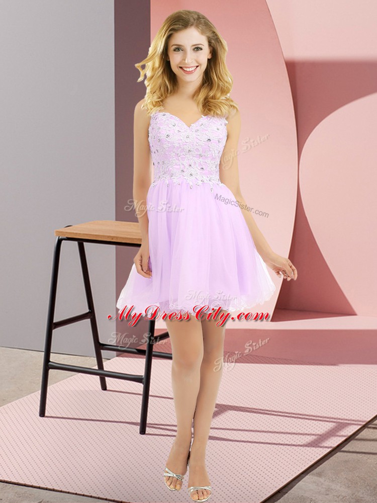 Great Lilac V-neck Neckline Beading and Lace Bridesmaid Dress Sleeveless Side Zipper