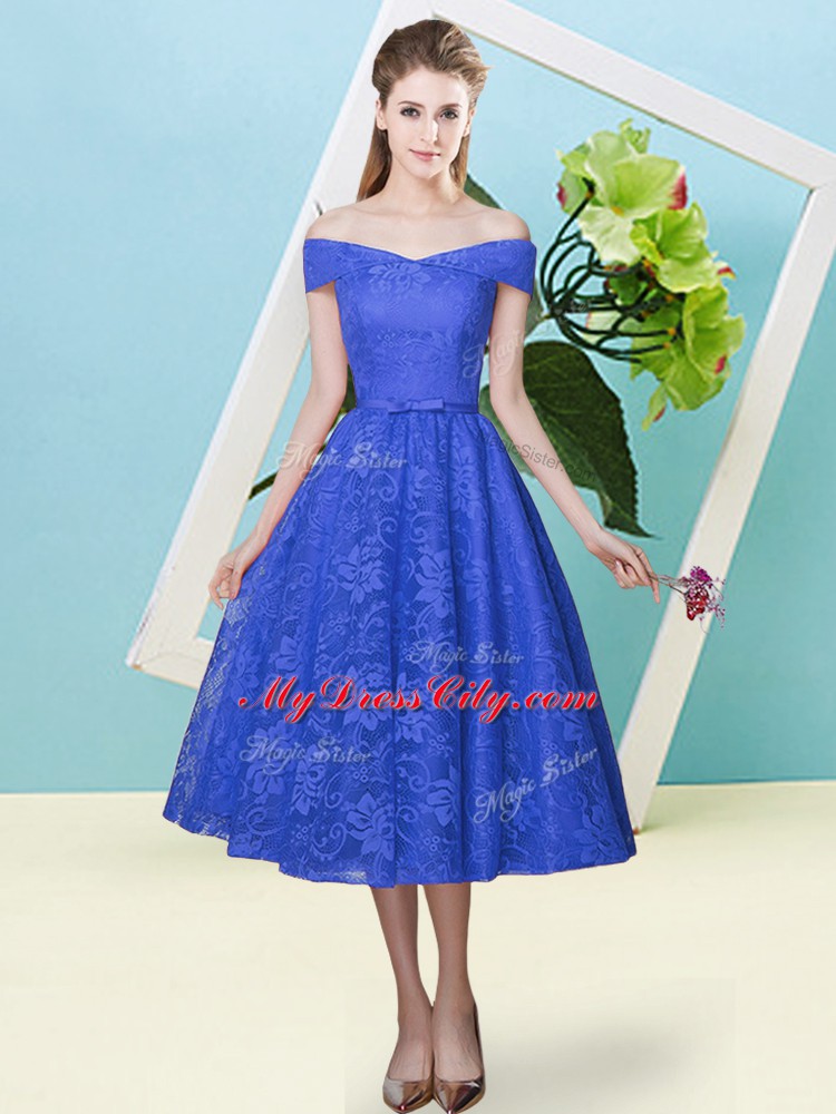 Tea Length Blue Wedding Guest Dresses Off The Shoulder Cap Sleeves Lace Up