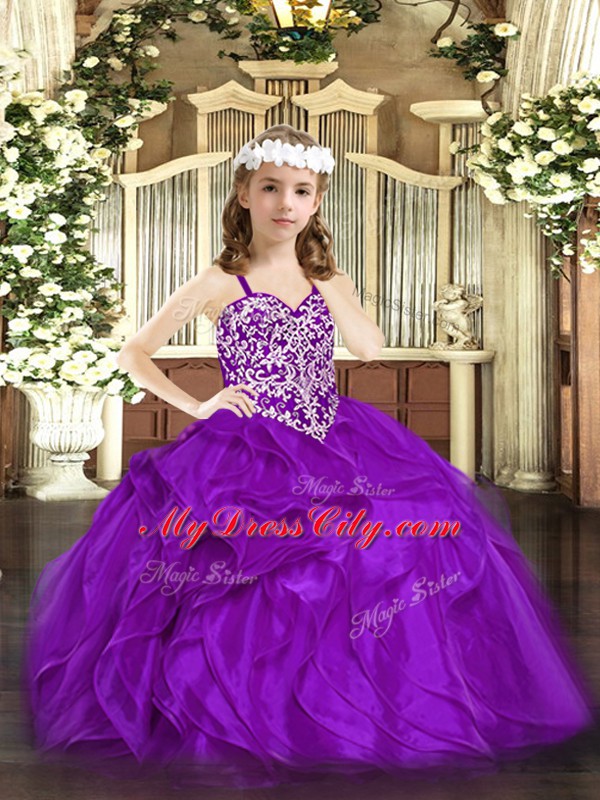 Custom Designed Purple Ball Gowns Straps Sleeveless Organza Floor Length Lace Up Beading and Ruffles Little Girls Pageant Gowns