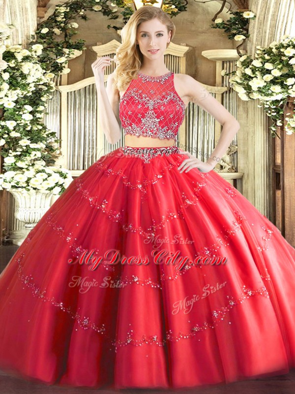 Scoop Sleeveless Zipper Quinceanera Gown Red Tulle