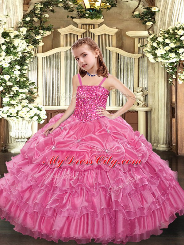 Rose Pink Lace Up Child Pageant Dress Beading and Ruffled Layers and Pick Ups Sleeveless Floor Length