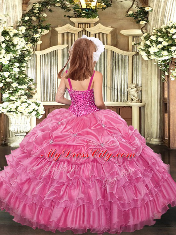 Rose Pink Lace Up Child Pageant Dress Beading and Ruffled Layers and Pick Ups Sleeveless Floor Length