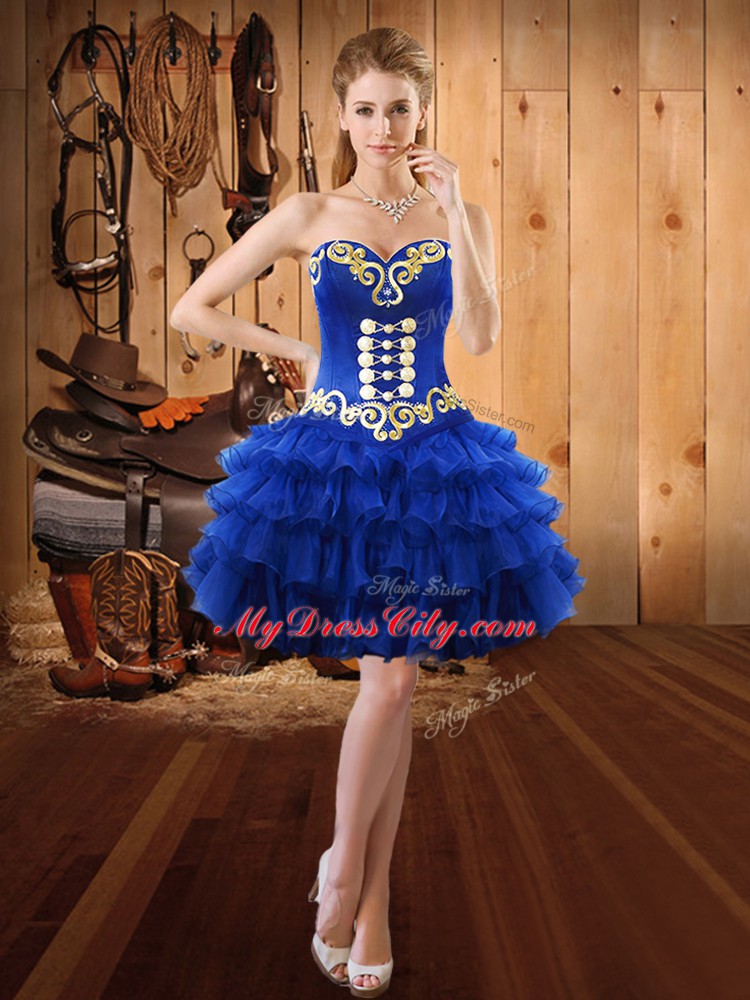 Beautiful Embroidery and Ruffled Layers Prom Evening Gown Royal Blue Lace Up Sleeveless Mini Length