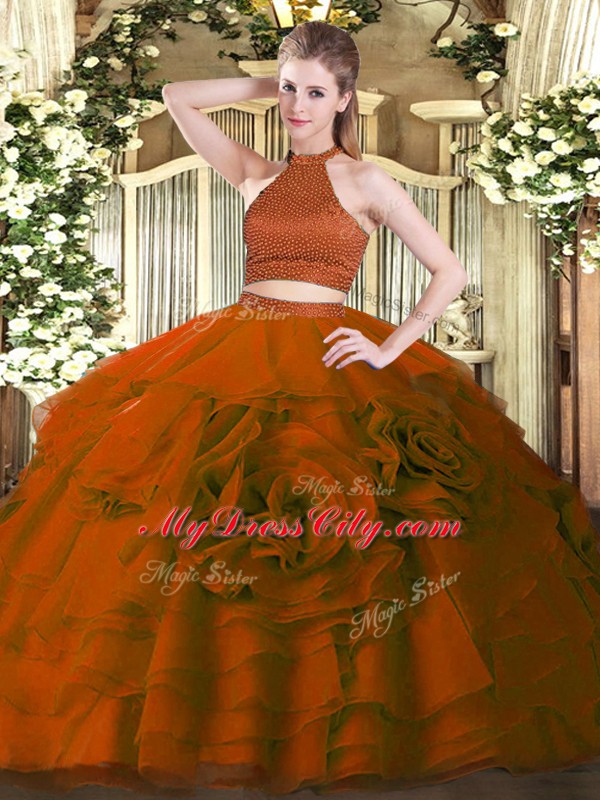 Most Popular Rust Red Backless Sweet 16 Dress Beading and Ruffles Sleeveless Floor Length