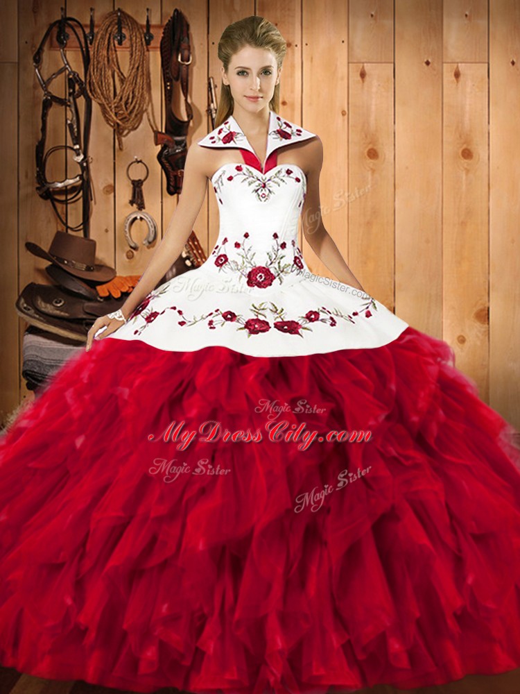 High End Red Lace Up Vestidos de Quinceanera Embroidery and Ruffles Sleeveless Floor Length