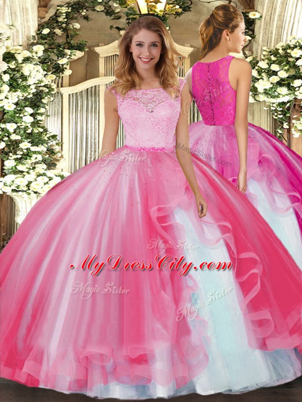 Hot Sale Tulle Scoop Sleeveless Clasp Handle Lace and Ruffles Quinceanera Gown in Hot Pink