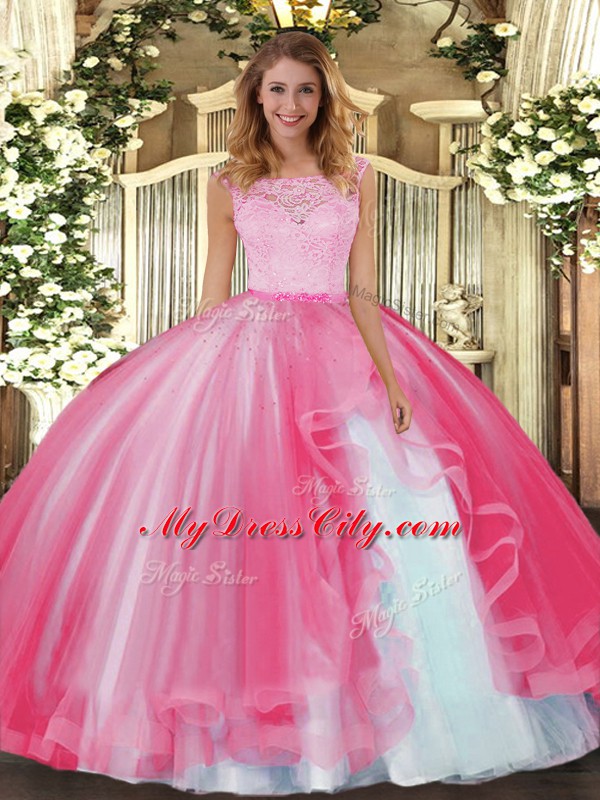 Hot Sale Tulle Scoop Sleeveless Clasp Handle Lace and Ruffles Quinceanera Gown in Hot Pink