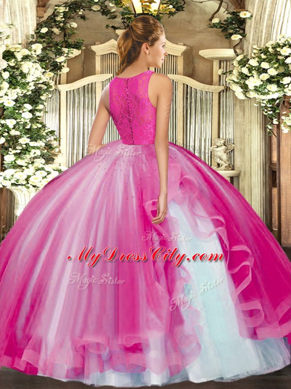 Hot Sale Tulle Scoop Sleeveless Clasp Handle Lace and Ruffles Quinceanera Gown in Hot Pink