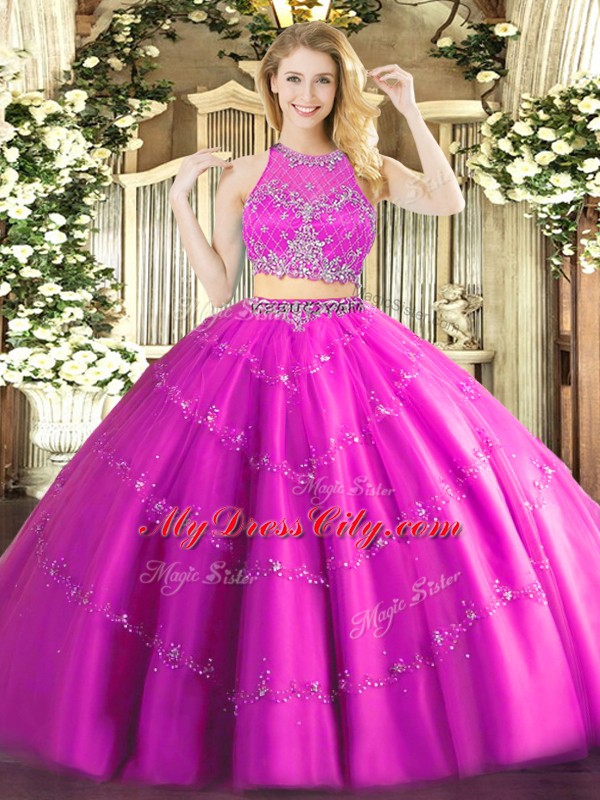 Beading Quinceanera Gown Fuchsia Zipper Sleeveless Floor Length