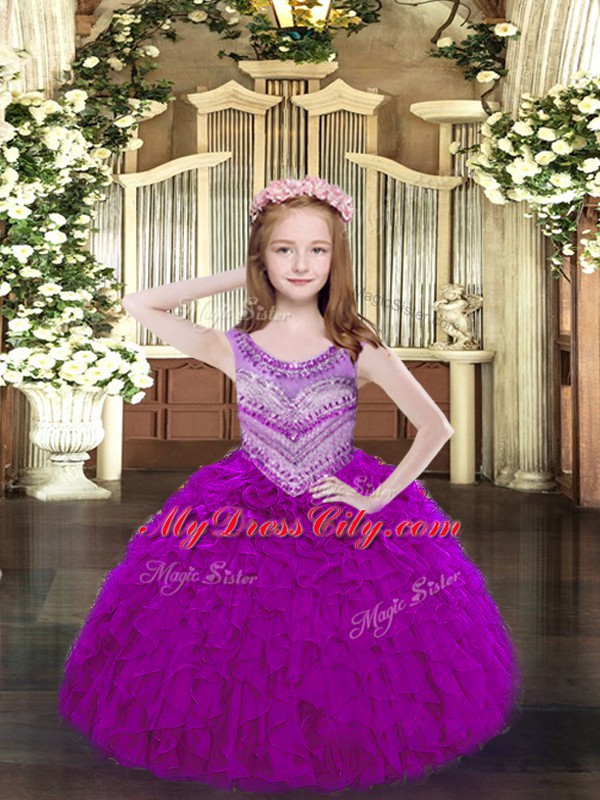 Hot Selling Fuchsia Sleeveless Beading and Ruffles Floor Length Child Pageant Dress