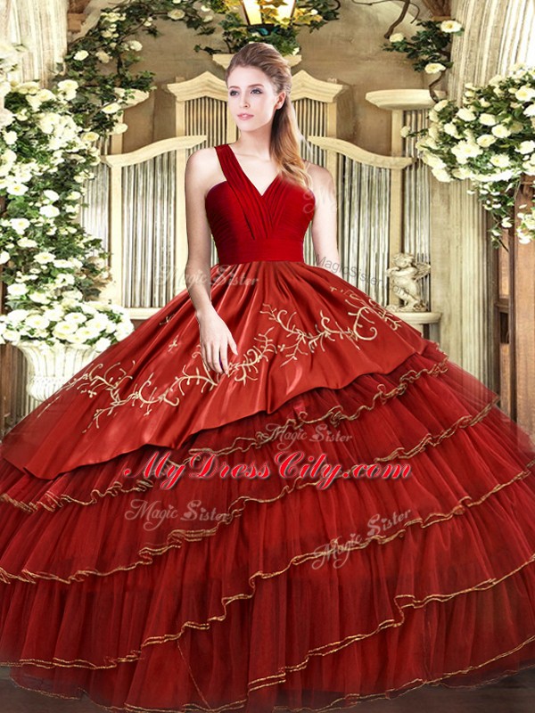 Wine Red Sleeveless Embroidery and Ruffled Layers Floor Length 15th Birthday Dress