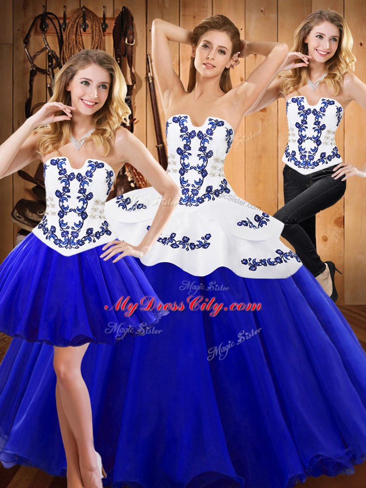 Royal Blue Tulle Lace Up Strapless Sleeveless Floor Length Quinceanera Dress Embroidery