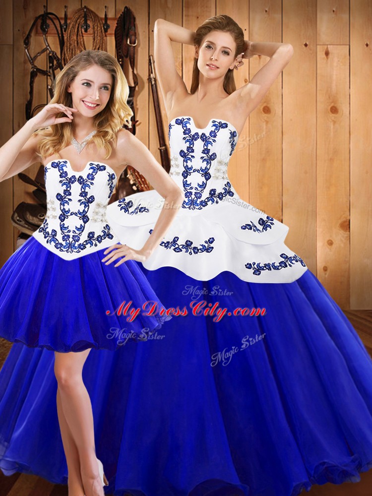 Royal Blue Tulle Lace Up Strapless Sleeveless Floor Length Quinceanera Dress Embroidery