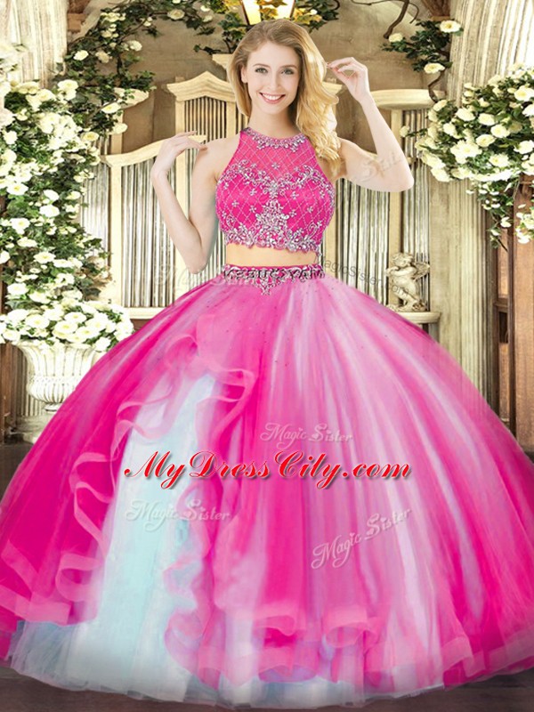 Dynamic Hot Pink Sleeveless Floor Length Beading and Ruffles Zipper Sweet 16 Dress