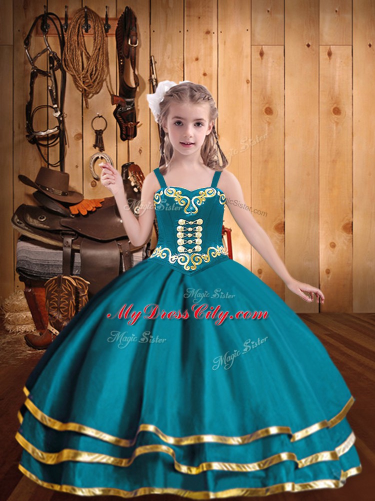 Custom Made Embroidery and Ruffled Layers Little Girl Pageant Dress Teal Lace Up Sleeveless Floor Length