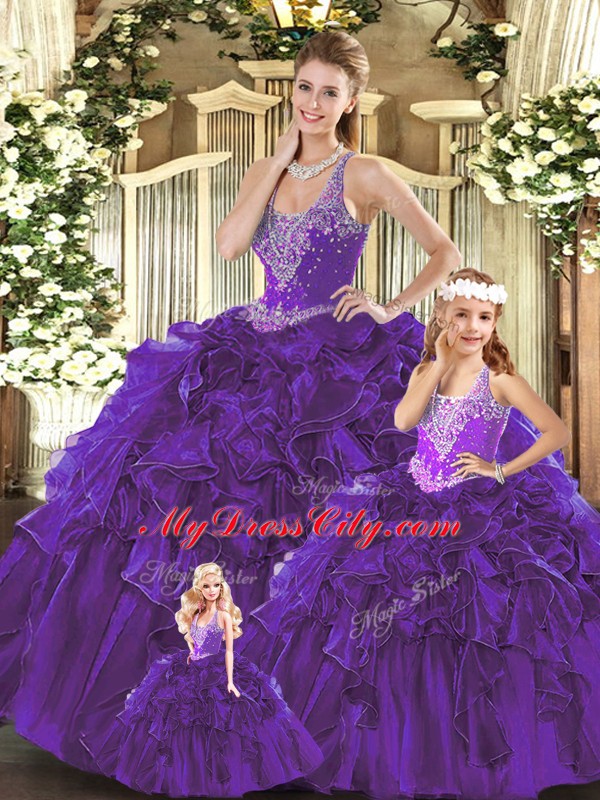 High Class Purple Organza Lace Up 15 Quinceanera Dress Sleeveless Floor Length Beading and Ruffles