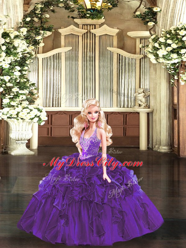 High Class Purple Organza Lace Up 15 Quinceanera Dress Sleeveless Floor Length Beading and Ruffles