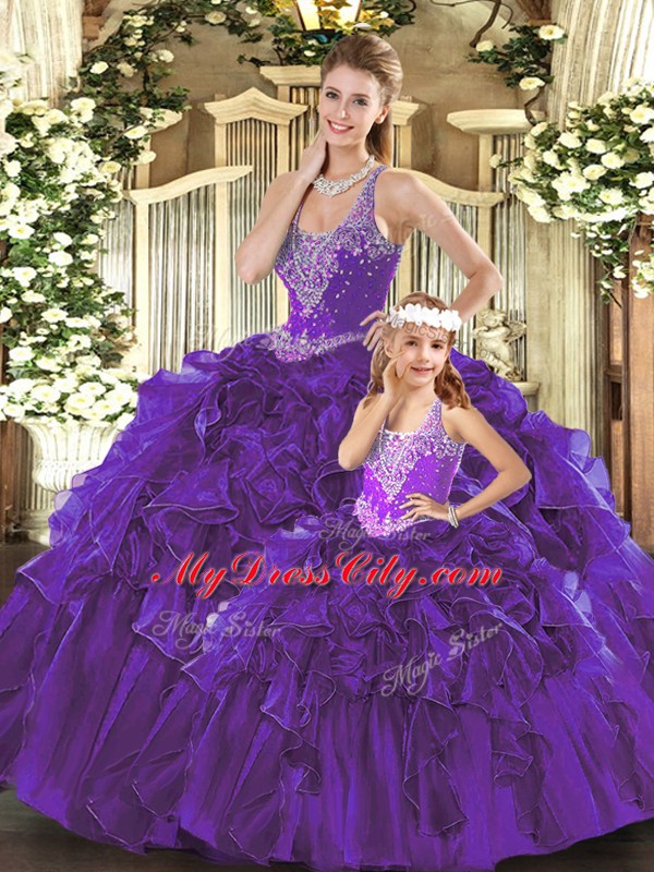 High Class Purple Organza Lace Up 15 Quinceanera Dress Sleeveless Floor Length Beading and Ruffles