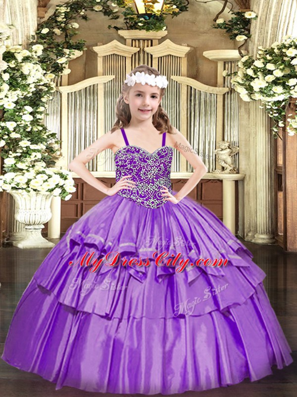 Stylish Sleeveless Organza Floor Length Lace Up Kids Formal Wear in Lavender with Beading and Ruffled Layers