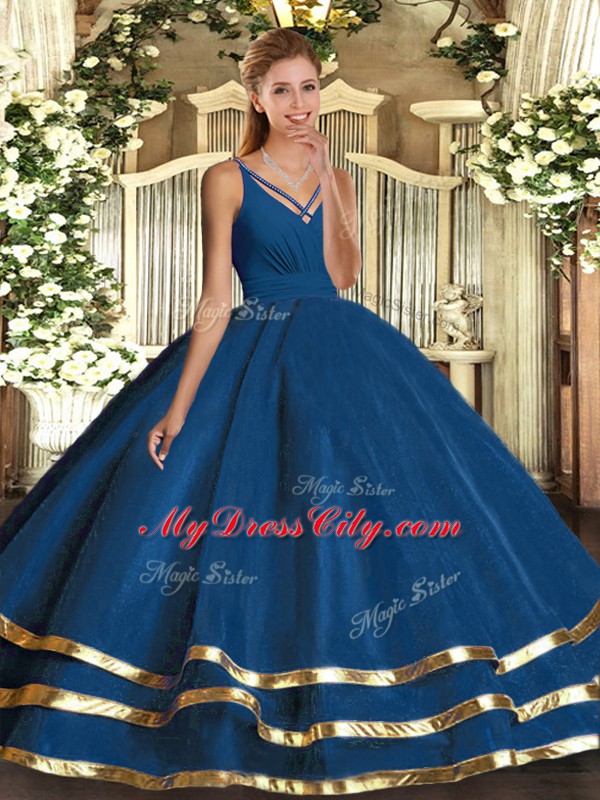 Blue Sleeveless Ruffled Layers Floor Length Quinceanera Dress