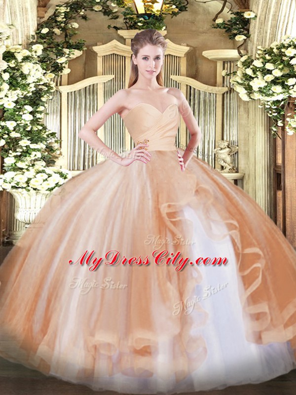 Romantic Sleeveless Tulle Floor Length Lace Up Quinceanera Dress in Champagne with Ruffles