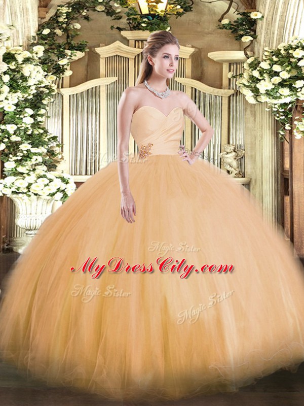 Orange Ball Gowns Tulle Sweetheart Sleeveless Beading Floor Length Lace Up 15 Quinceanera Dress