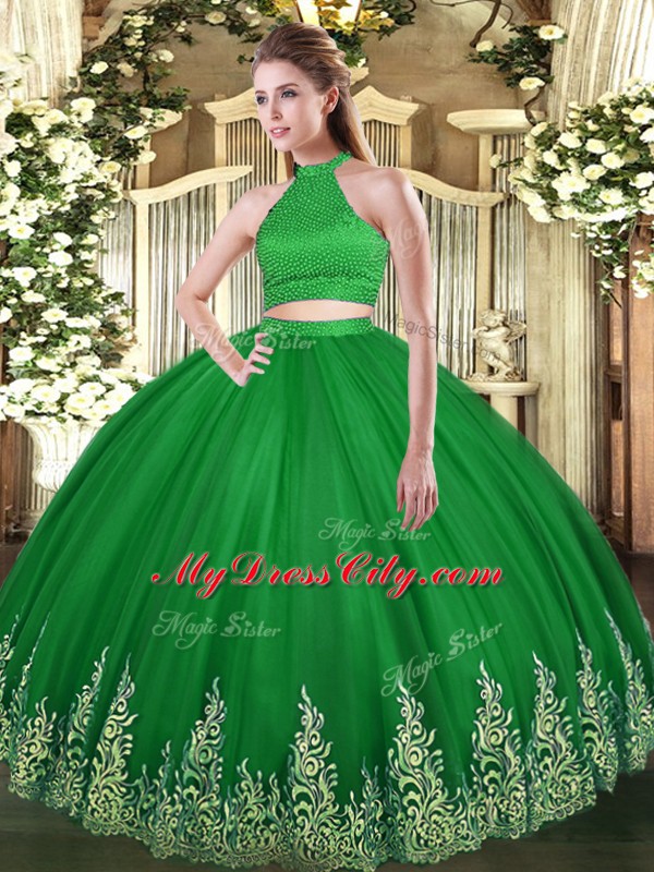 Custom Made Sleeveless Tulle Floor Length Backless Quinceanera Gown in Green with Beading and Appliques