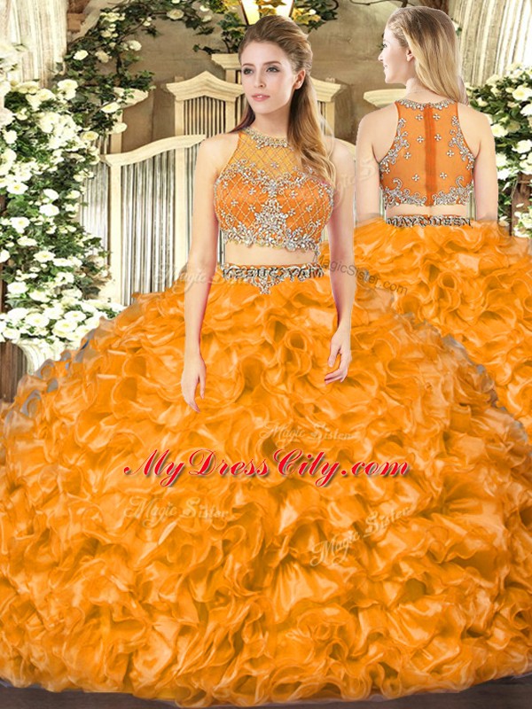 Sophisticated Organza Scoop Sleeveless Zipper Beading and Ruffles 15th Birthday Dress in Orange Red